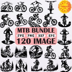 May include: A collection of 120 black and white mountain biking images in SVG, PNG, DXF, and EPS formats. The images depict mountain bikes and cyclists in various action poses, with a "Commercial Use" seal.