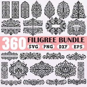 May include: A selection of 360 black filigree designs, including decorative borders and shapes. The image shows detailed floral and scrollwork patterns. Available in SVG, PNG, DXF, and EPS formats. The text reads "FILIGREE BUNDLE".