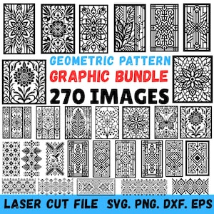 Puede incluir: Una colección de imágenes gráficas de patrones geométricos negros. La imagen incluye varios diseños florales, abstractos y simétricos. El texto dice "GEOMETRIC PATTERN GRAPHIC BUNDLE 270 IMAGES" y "LASER CUT FILE SVG. PNG. DXF. EPS."