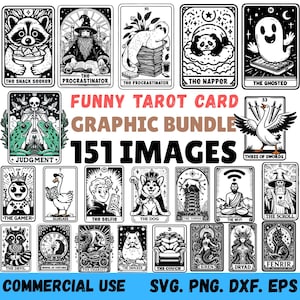 Könnte beinhalten: Eine Sammlung von Schwarz-Weiß-Illustrationen von Tarotkarten mit humorvollen Themen. Die Karten zeigen verschiedene Charaktere und Symbole, darunter Tiere, Menschen und Objekte. Der Text auf den Karten enthält Sätze wie "The Snack Seeker" und "The Procrastinator."