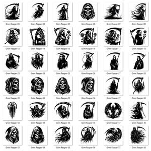 May include: A collection of black and white Grim Reaper illustrations. Each image features a different depiction of the Grim Reaper, some with scythes, in various poses and styles. The images are labeled "Grim Reaper" followed by a number.