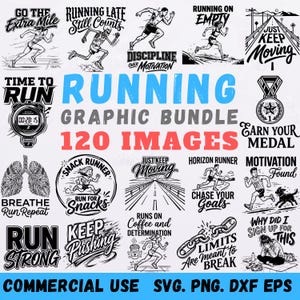 Könnte beinhalten: Eine Sammlung von schwarz-weißen Grafiken zum Thema Laufen mit motivierenden Zitaten und Illustrationen. Der Text enthält "Running Graphic Bundle 120 Images", "Go the Extra Mile", "Time to Run" und "Commercial Use".