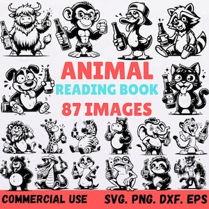 Puede incluir: Ilustraciones en blanco y negro de varios animales, cada uno sosteniendo una botella de cerveza. La imagen incluye un toro, un mono, un pato, un mapache, un perro, un gato, un león, una jirafa, una cebra, un hipopótamo, un elefante, un leopardo, un oso, un caimán, un suricato, una rana, un perezoso y una pantera. Texto: "ANIMAL READING BOOK 87 IMAGES".