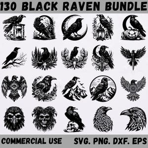 Könnte beinhalten: Eine Sammlung von 20 schwarzen Raben-Designs in verschiedenen Stilen. Die Designs zeigen Raben auf Ästen, Monden und Totenköpfen, mit zusätzlichen Elementen wie Bergen, Kreuzen und floralen Akzenten. Der Text oben lautet "130 BLACK RAVEN BUNDLE".