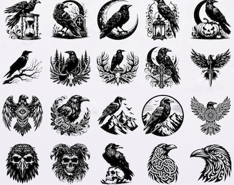 130 Black Raven Bundle SVG Png Dxf Eps Files for Cricut and Silhouette, Gothic Raven Clipart Tattoo Design, Crow Skull Halloween Decor