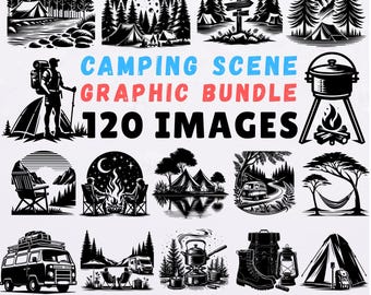Camping Scene Bundle SVG Outdoor Adventure Campfire Tent Forest Van Hiking Clipart Set