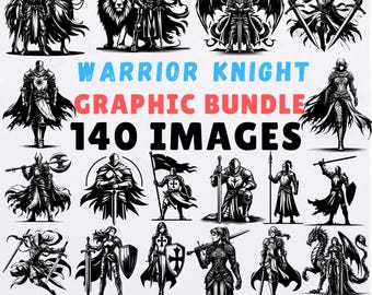 May include: A black and white graphic bundle featuring 140 warrior knight images. The images include knights with swords, axes, and shields, as well as knights with a lion, a horse, and a dragon. Text includes "WARRIOR KNIGHT GRAPHIC BUNDLE 140 IMAGES".