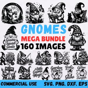 Può includere: Una collezione di illustrazioni di gnomi in bianco e nero, in varie pose e attività. Il testo "GNOMES MEGA BUNDLE 160 IMAGES" è visualizzato in modo prominente. Il testo aggiuntivo include "COMMERCIAL USE" e "SVG. PNG. DXF. EPS."