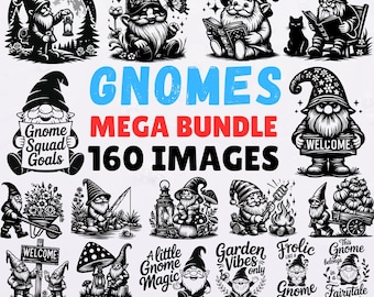 Mega paquete de gnomos caprichosos: 160 archivos SVG. Lindo gnomo de jardín. Clipart de fantasía de enano del bosque. Arte vectorial para uso comercial. Cricut Crafts.