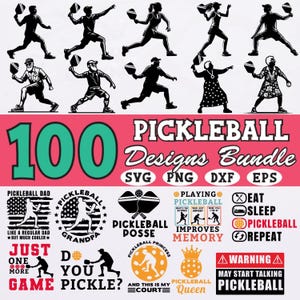 Lot de 100 pickleball SVG pour Cricut Silhouette, pickleball drôle citations des cliparts, fichiers de sublimation sport rétro