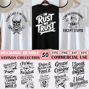 Puede incluir: Una colección de camisetas con temática de mecánico. Una camiseta blanca presenta una calavera con llaves cruzadas y el texto "Fixing Cars Is My Cardio". Otra camiseta negra dice "In Rust We Trust". Una tercera camiseta blanca dice "I Can Fix Everything... Except Stupid."