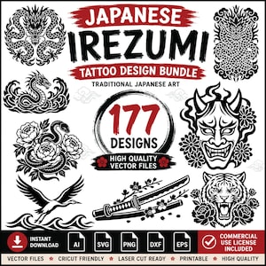 177 japanska Irezumi-tatueringar SVG-paket traditionella japanska mönster, vektor clipart