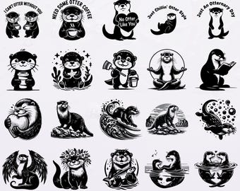 Paquete de 140 archivos SVG y PNG de nutrias adorables para Cricut y Silhouette Crafts, descarga digital de imágenes prediseñadas de nutrias, paquete de vectores de animales divertidos