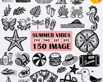 Pacchetto SVG Summer Vibes, 150 clipart per vacanze al mare, file digitali per vacanze tropicali per Cricut e lavori artigianali a sublimazione