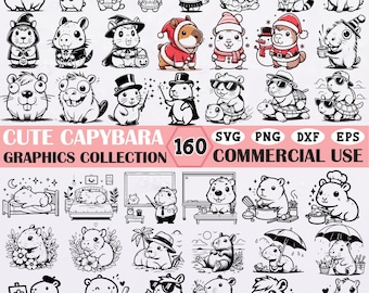 Niedliches Capybara Clipart Bundle SVG 160 Entzückende Capybara Grafiken für Cricut, Sublimation, Aufkleber, Kawaii Animal Art