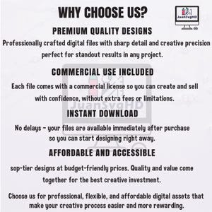 May include: A white graphic with the text "WHY CHOOSE US?" and other text describing premium quality designs, commercial use, instant download, and affordable prices. A logo for JuanSvgHD is in the top right corner.