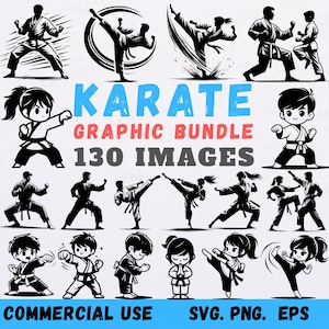 May include: A collection of black and white karate-themed graphics. The image includes illustrations of karate practitioners in various poses, along with the text "KARATE GRAPHIC BUNDLE 130 IMAGES". The bottom of the image reads "COMMERCIAL USE SVG. PNG. EPS."