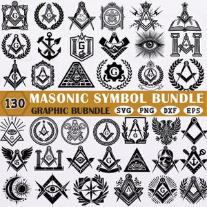 May include: A bundle of 130 black and white Masonic symbols, including compasses, squares, and the all-seeing eye. The image also features the text "MASONIC SYMBOL BUNDLE" and various file format indicators such as SVG, PNG, DXF, and EPS.