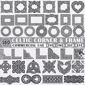 May include: A collection of 160 black and white Celtic corner and frame designs. The image includes various frame shapes, circular designs, corner elements, and other Celtic knot patterns. Text on the image reads "Celtic Corner & Frame" and "Commercial Use".