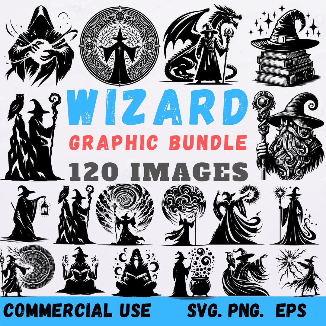 Wizard SVG Bundle 120 Images, Clipart Set, Sorcerer Vector Graphics ...