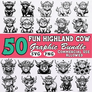 Paquete SVG PNG de vaca de las Tierras Altas adorable / Clipart de animales de granja divertidos / Gráficos de vaca de las Tierras Altas de vaqueros occidentales / Descarga digital para uso comercial