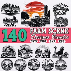 May include: A collection of 140 farm scene designs in SVG, PNG, DXF, and EPS formats. The designs feature tractors, barns, windmills, animals, and landscapes in a black and white style, with a vibrant pink background.
