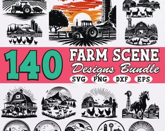 Farm Scene SVG Bundle: Rustic Tractor, Barn, Animals (Digital Download)