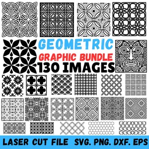 Pode incluir: Uma coleção de 130 imagens gráficas geométricas em preto e branco. As imagens incluem vários padrões, desenhos florais e formas abstratas. O texto na imagem diz "Geometric Graphic Bundle" e "Laser Cut File SVG. PNG. DXF. EPS."