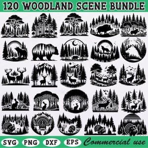 Woodland Scene SVG Bundle Forest Animal Silhouette Clipart | Bear Deer Wolf Files for Cricut Laser Cut Sublimation Art