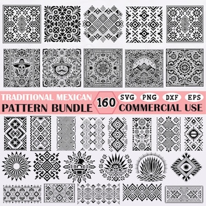 Könnte beinhalten: Eine Sammlung von 160 traditionellen mexikanischen Mustern in Schwarz und Weiß. Die Muster umfassen florale, geometrische und kulturelle Motive. Der Text auf dem Bild lautet "Traditional Mexican Pattern Bundle" und "Commercial Use".