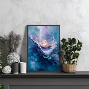 Dreamy Ocean Oyster Wall Art – Soft Blue and Pearl Underwater Painting with Ethereal Glow, Elegant Coastal Decor for Ocean Lovers