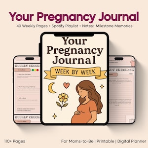 Può includere: Un diario di gravidanza digitale visualizzato su un tablet e due telefoni. La copertina del diario presenta un'illustrazione di una donna incinta, una luna crescente, un cuore, un fiore e delle stelle. Il testo include "Your Pregnancy Journal" e "Week by Week".