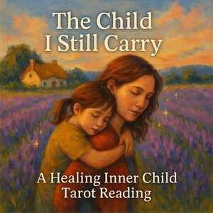 May include: An illustration depicts a mother embracing a child in a field of purple flowers. The text reads "The Child I Still Carry" and "A Healing Inner Child Tarot Reading". A small house is in the background.