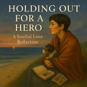 May include: A young person sits on a grassy beach at sunset, holding a small dog and a book with cards. The text on the book reads "Holding Out For A Hero, A Soulful Love Reflection."
