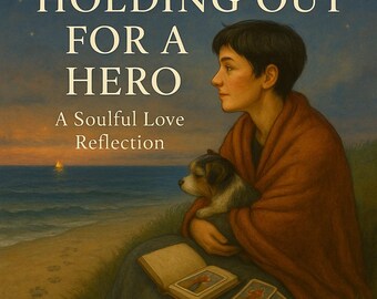 May include: A young person sits on a grassy beach at sunset, holding a small dog and a book with cards. The text on the book reads "Holding Out For A Hero, A Soulful Love Reflection."