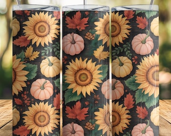 Fall Sunflower & Pumpkin Tumbler Wrap PNG – 20oz Skinny Sublimation Design