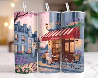 Parisian Cafe Tumbler Wrap: Travel Coffee Cup Sublimation Design (PNG Digital Download)