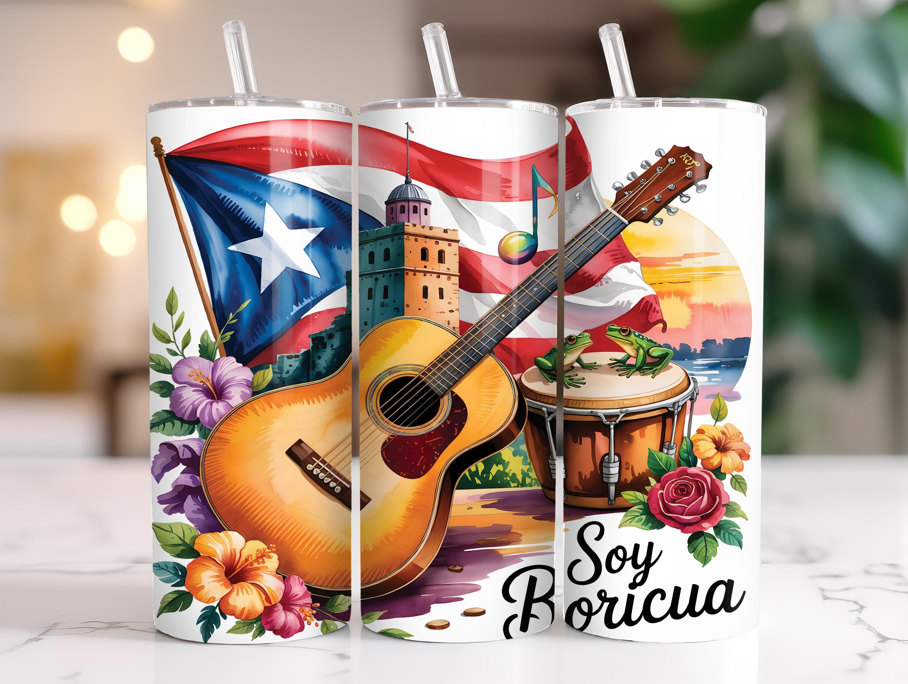 Puerto Rico Flag Tumbler Wrap PNG: Boricua Coquí & El Morro (20oz Skinny Sublimation File)