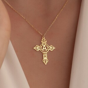 Personalized Cross Necklace with Initial&925 Sterling Silver, Custom Gold, Rose,Silver Religious Pendant, Christian Jewelry Gift for Her Him