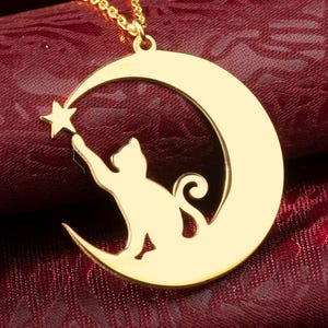 Sterling Silver Cat Moon Necklace: Dainty Crescent Moon Pendant