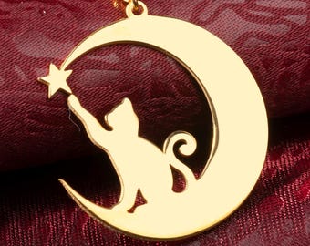 Collar de gato y luna de plata de ley: delicado colgante de luna creciente