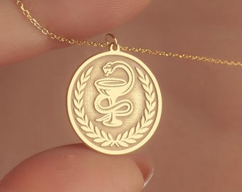Bowl of Hygieia Necklace: Gold Plated Sterling Silver Pharmacy Healing Serpent Pendant