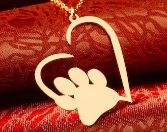 Paw Print Heart Necklace: 925 Sterling Silver Gold Plated Pet Memorial Jewelry Gift