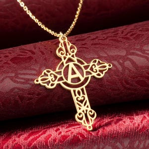 Personalized Cross Necklace with Initial&925 Sterling Silver, Custom Gold, Rose,Silver Religious Pendant, Christian Jewelry Gift for Her Him