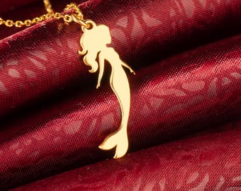 Collar de sirena: colgante de niña pez, joyería de fantasía en plata bañada en oro de 14 quilates