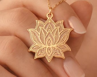 Sterling Silver Necklace Lotus Flower Pendant Yoga Meditation Jewelry 14K Gold Plated Spiritual Mandala
