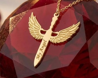 Custom Angel Wing Sword Necklace: Gold Plated 925 Sterling Silver Gothic Fairy Pendant Gift
