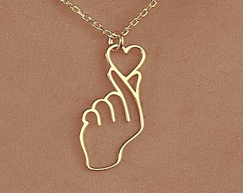 Finger Heart Necklace 14K Gold Plated Sterling Silver Korean Love Symbol Jewelry