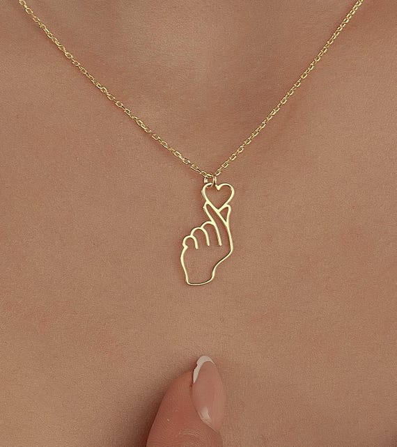 Finger Heart Necklace 14K Gold Plated Sterling Silver Korean Love Symbol Jewelry