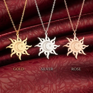 Collier soleil et lune en or, pendentif céleste, bijoux de soleil en argent sterling 925, collier croissant de lune, cadeau pour elle, pendentif équilibre mystique